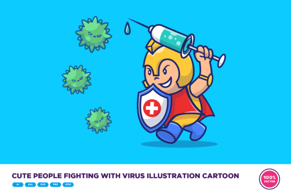 An Embroidery Designer's Take on the Cute People Fighting with Virus Cartoon