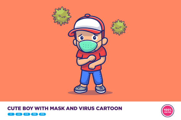 Cute Boy with Mask and Virus Cartoon: A Design Review for Embroidery